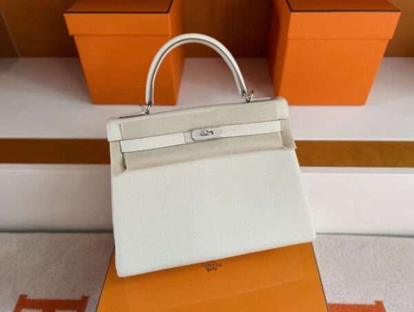 H Factory Bags Kelly Togo Leather Cream White Silver Hardware 32cm Full Handmade