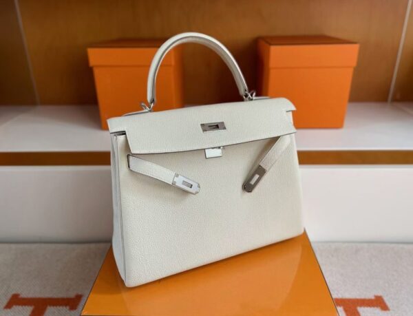 H Factory Bags Kelly Togo Leather Cream White Silver Hardware 32cm Full Handmade
