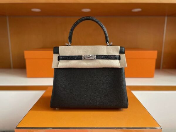 H Factory Bags Kelly Touch Togo & Lizard Leather CK89 Black Silver Hardware 25cm Full Handmade