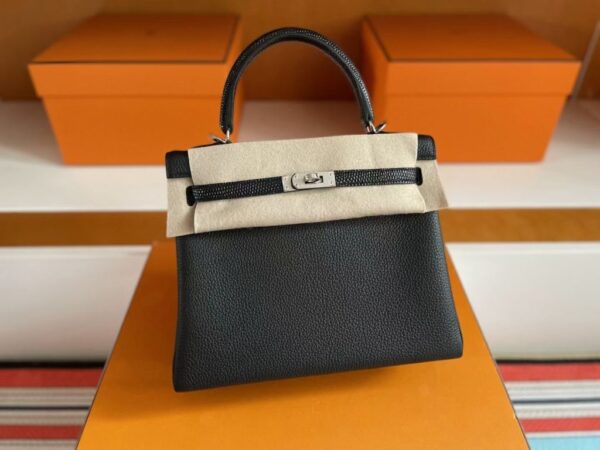 H Factory Bags Kelly Touch Togo & Lizard Leather CK89 Black Silver Hardware 25cm Full Handmade