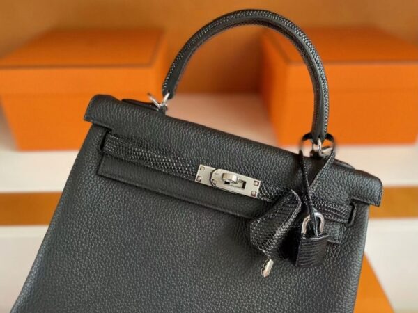 H Factory Bags Kelly Touch Togo & Lizard Leather CK89 Black Silver Hardware 25cm Full Handmade