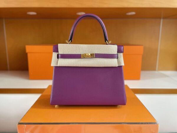 H Factory Bags Kelly Swift Leather Purple & Lemon Yellow Gold Hardware 25cm Full Handmade