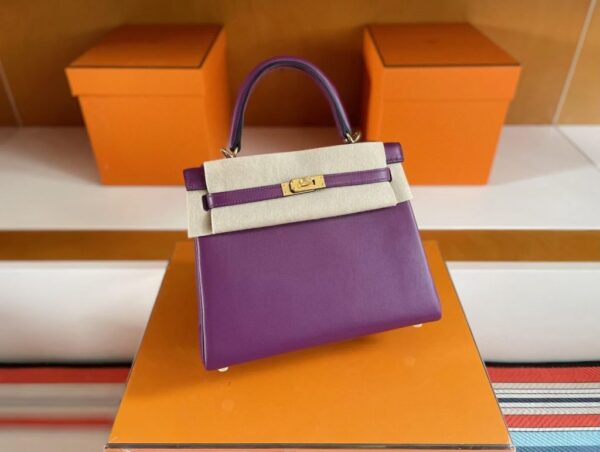 H Factory Bags Kelly Swift Leather Purple & Lemon Yellow Gold Hardware 25cm Full Handmade