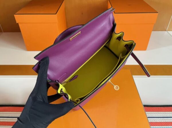 H Factory Bags Kelly Swift Leather Purple & Lemon Yellow Gold Hardware 25cm Full Handmade