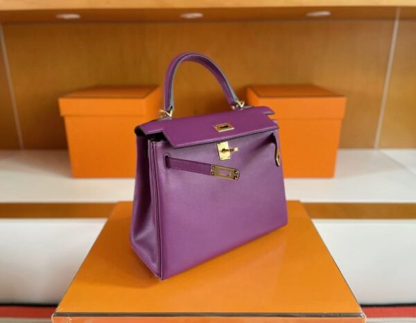 H Factory Bags Kelly Swift Leather Purple & Lemon Yellow Gold Hardware 25cm Full Handmade
