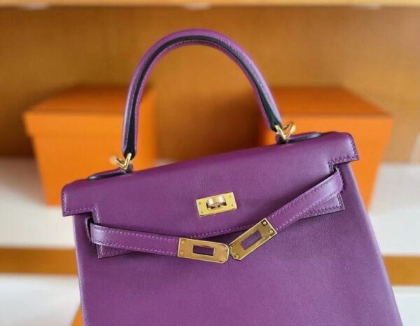 H Factory Bags Kelly Swift Leather Purple & Lemon Yellow Gold Hardware 25cm Full Handmade