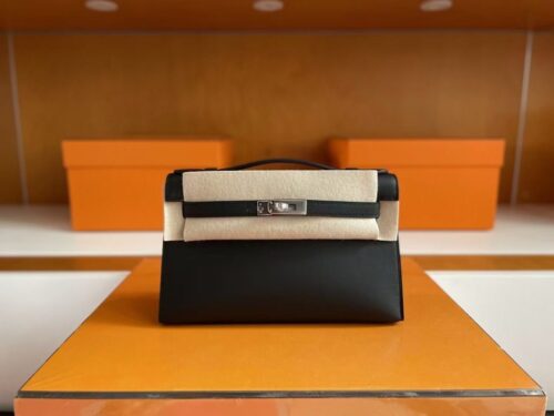 H Factory Bags Mini Kelly Pochette Swift Leather Black Silver Hardware 22cm Full Handmade