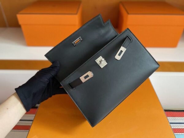 H Factory Bags Mini Kelly Pochette Swift Leather Black Silver Hardware 22cm Full Handmade