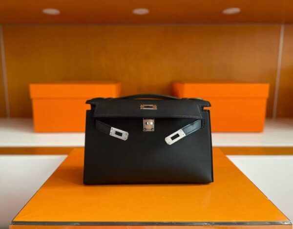 H Factory Bags Mini Kelly Pochette Swift Leather Black Silver Hardware 22cm Full Handmade