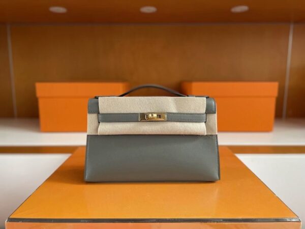 H Factory Bags Mini Kelly Pochette Swift Leather 8F Grey Gold Hardware 22cm Full Handmade