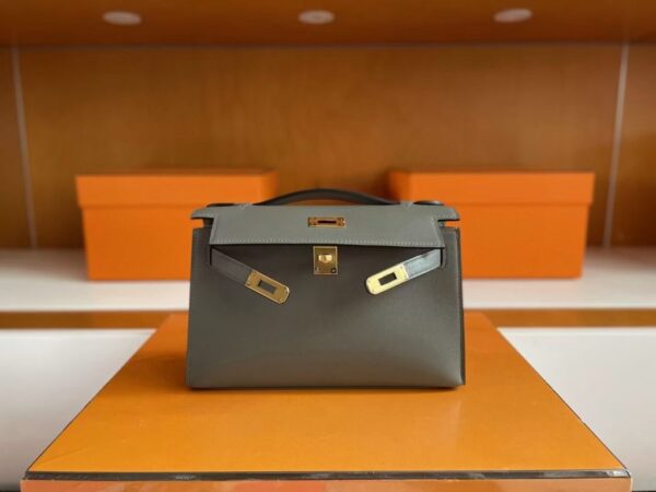 H Factory Bags Mini Kelly Pochette Swift Leather 8F Grey Gold Hardware 22cm Full Handmade