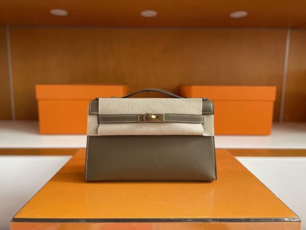 H Factory Bags Mini Kelly Pochette Swift Leather CK18 Etoupe Grey Gold Hardware 22cm Full Handmade