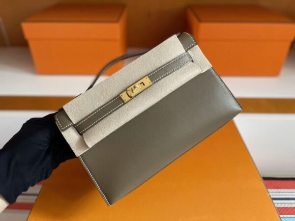 H Factory Bags Mini Kelly Pochette Swift Leather CK18 Etoupe Grey Gold Hardware 22cm Full Handmade