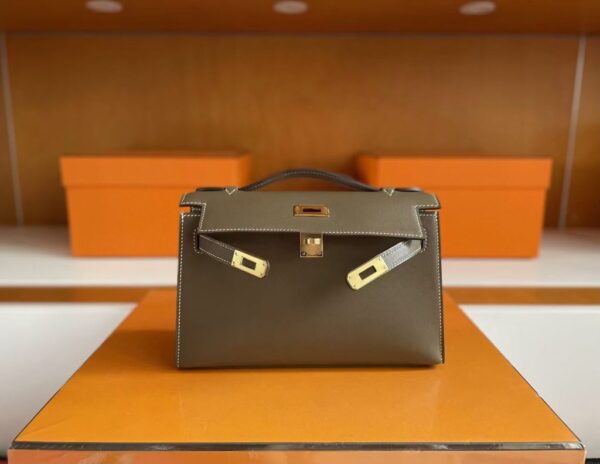 H Factory Bags Mini Kelly Pochette Swift Leather CK18 Etoupe Grey Gold Hardware 22cm Full Handmade