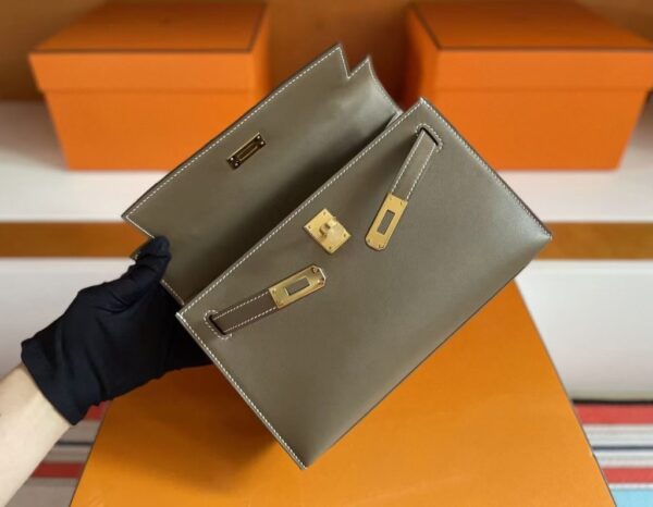 H Factory Bags Mini Kelly Pochette Swift Leather CK18 Etoupe Grey Gold Hardware 22cm Full Handmade