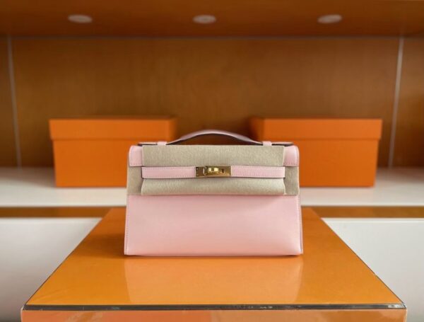H Factory Bags Mini Kelly Pochette Swift Leather Cream Pink Gold Hardware 22cm Full Handmade