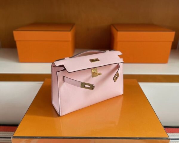 H Factory Bags Mini Kelly Pochette Swift Leather Cream Pink Gold Hardware 22cm Full Handmade