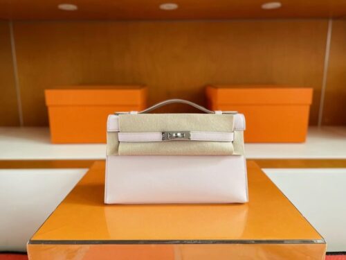 H Factory Bags Mini Kelly Pochette Swift Leather 3Q Light Pink Silver Hardware 22cm Full Handmade