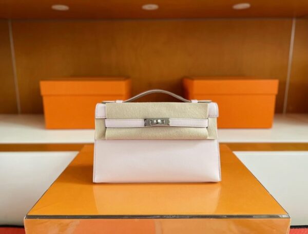 H Factory Bags Mini Kelly Pochette Swift Leather 3Q Light Pink Silver Hardware 22cm Full Handmade