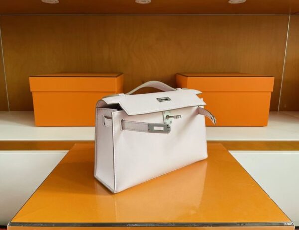H Factory Bags Mini Kelly Pochette Swift Leather 3Q Light Pink Silver Hardware 22cm Full Handmade