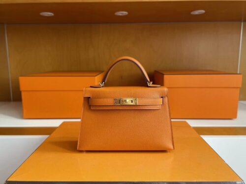 H Factory Bags Mini Kelly Epsom Leather Orange Gold Hardware 19cm Full Handmade