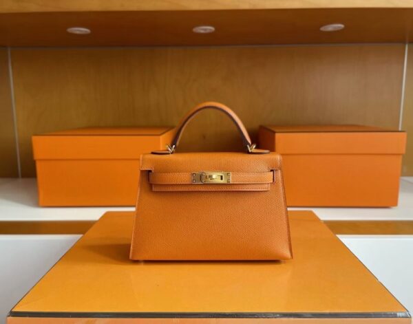 H Factory Bags Mini Kelly Epsom Leather Orange Gold Hardware 19cm Full Handmade