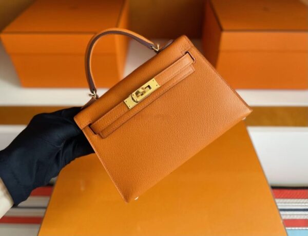 H Factory Bags Mini Kelly Epsom Leather Orange Gold Hardware 19cm Full Handmade