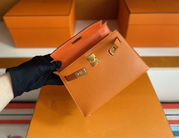 H Factory Bags Mini Kelly Epsom Leather Orange Gold Hardware 19cm Full Handmade