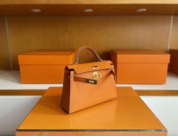 H Factory Bags Mini Kelly Epsom Leather Orange Gold Hardware 19cm Full Handmade