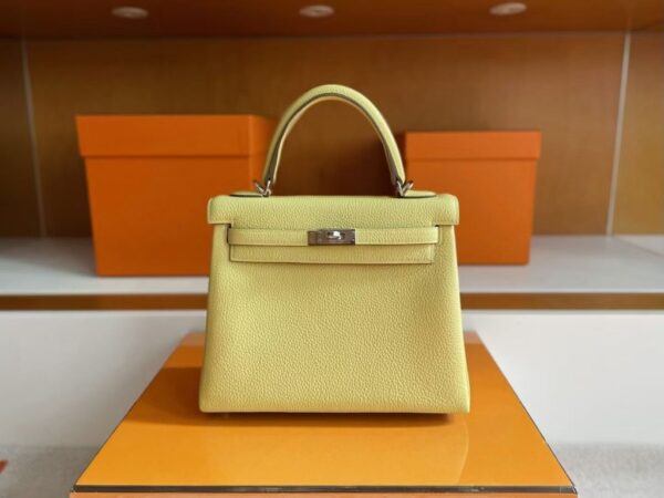 H Factory Bags Kelly Togo Leather 1Z Yellow Silver Hardware 25cm Full Handmade