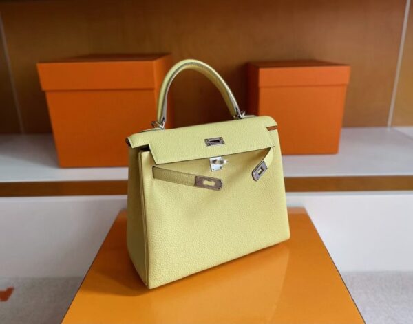 H Factory Bags Kelly Togo Leather 1Z Yellow Silver Hardware 25cm Full Handmade