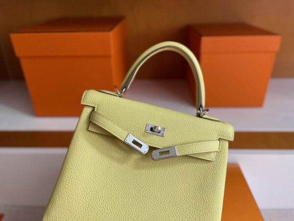 H Factory Bags Kelly Togo Leather 1Z Yellow Silver Hardware 25cm Full Handmade