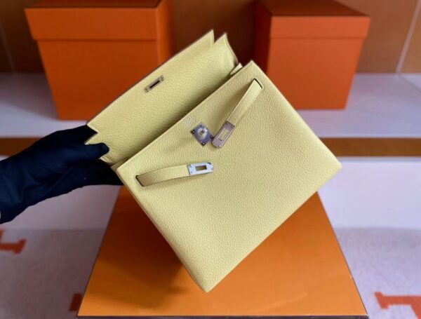 H Factory Bags Kelly Togo Leather 1Z Yellow Silver Hardware 25cm Full Handmade