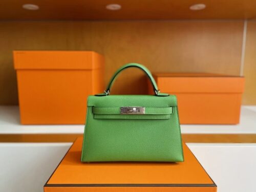 H Factory Bags Mini Kelly Epsom Leather Fresh Green Silver Hardware 19cm Full Handmade