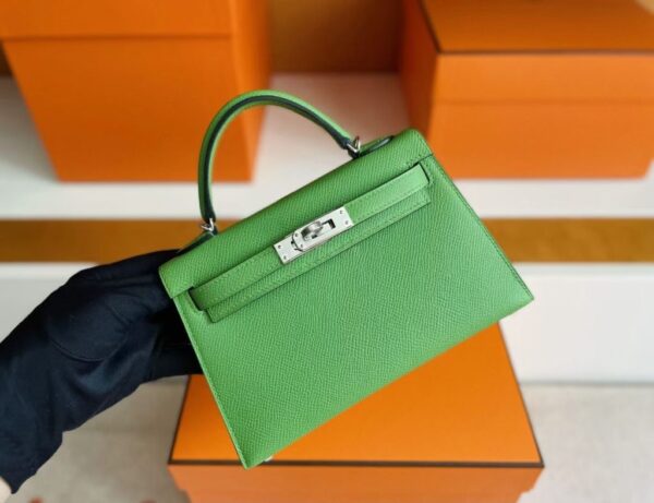 H Factory Bags Mini Kelly Epsom Leather Fresh Green Silver Hardware 19cm Full Handmade