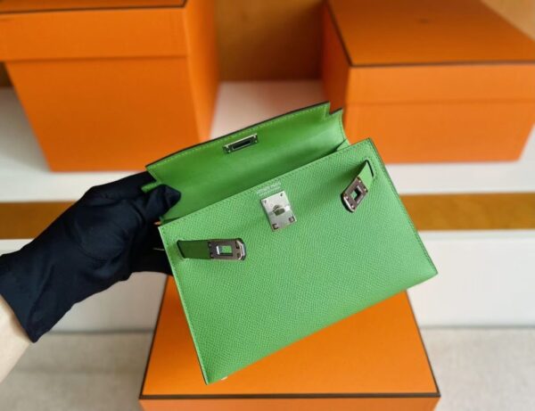H Factory Bags Mini Kelly Epsom Leather Fresh Green Silver Hardware 19cm Full Handmade