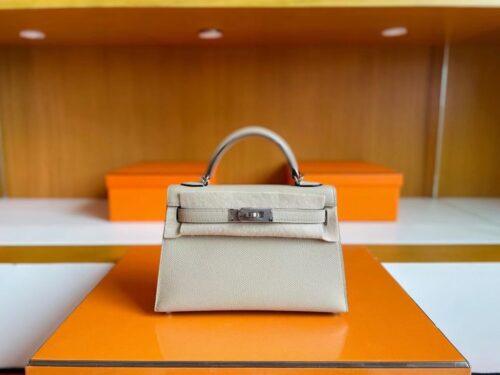 H Factory Bags Mini Kelly Epsom Leather Grayish White Silver Hardware 19cm Full Handmade