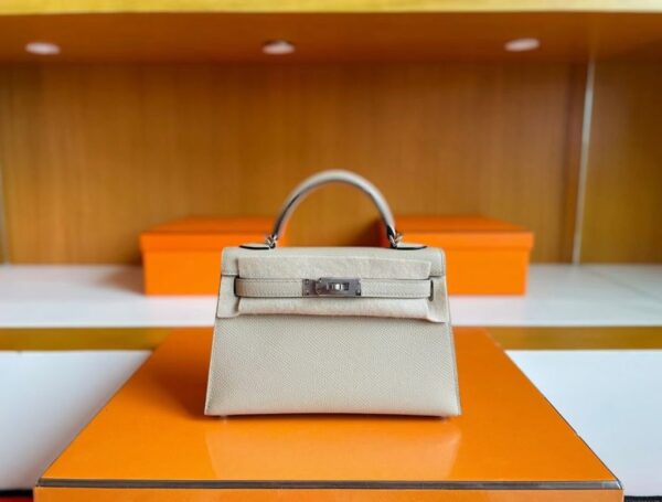 H Factory Bags Mini Kelly Epsom Leather Grayish White Silver Hardware 19cm Full Handmade
