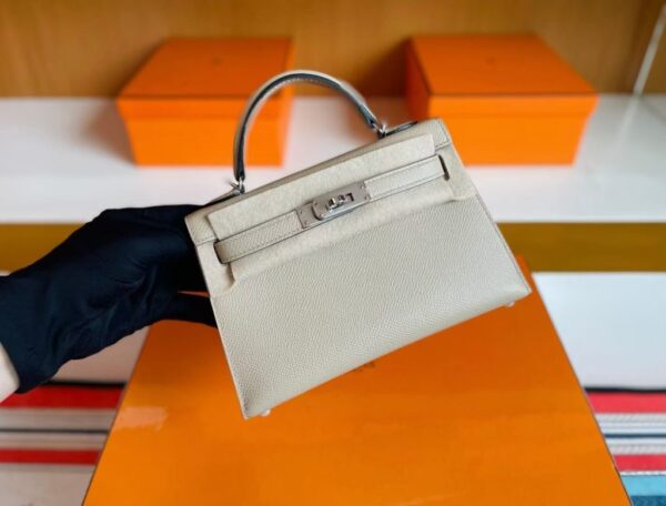 H Factory Bags Mini Kelly Epsom Leather Grayish White Silver Hardware 19cm Full Handmade