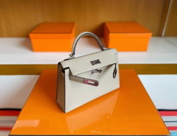 H Factory Bags Mini Kelly Epsom Leather Grayish White Silver Hardware 19cm Full Handmade