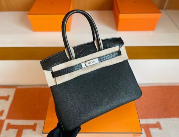 H Factory Bags Birkin Touch Togo & Matte Alligator Crocodile Black Silver Hardware 30cm Full Handmade