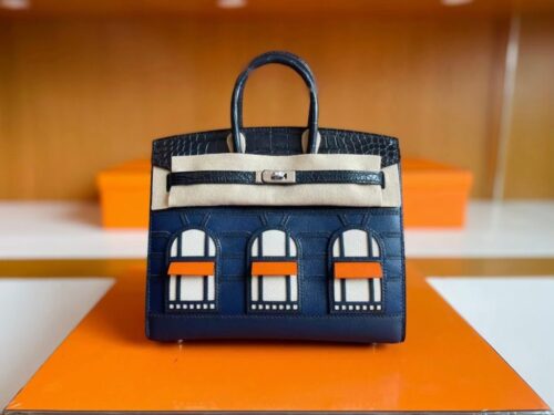 H Factory Bags Birkin little house Togo & crocodile Deep Blue Silver Hardware 20cm Full Handmade