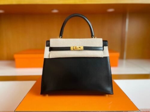 H Factory Bags Kelly Shiny Box Leather Black Gold Hardware 25cm Full Handmade