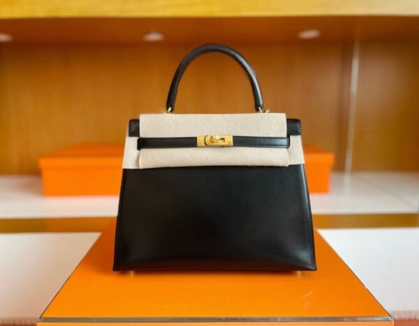 H Factory Bags Kelly Shiny Box Leather Black Gold Hardware 25cm Full Handmade