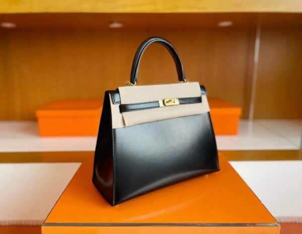 H Factory Bags Kelly Shiny Box Leather Black Gold Hardware 25cm Full Handmade