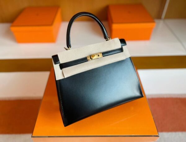 H Factory Bags Kelly Shiny Box Leather Black Gold Hardware 25cm Full Handmade