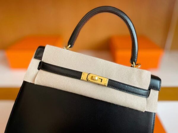H Factory Bags Kelly Shiny Box Leather Black Gold Hardware 25cm Full Handmade