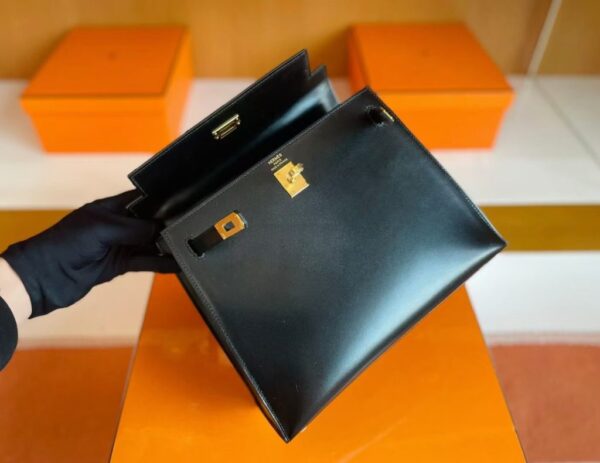 H Factory Bags Kelly Shiny Box Leather Black Gold Hardware 25cm Full Handmade