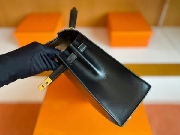 H Factory Bags Kelly Shiny Box Leather Black Gold Hardware 25cm Full Handmade