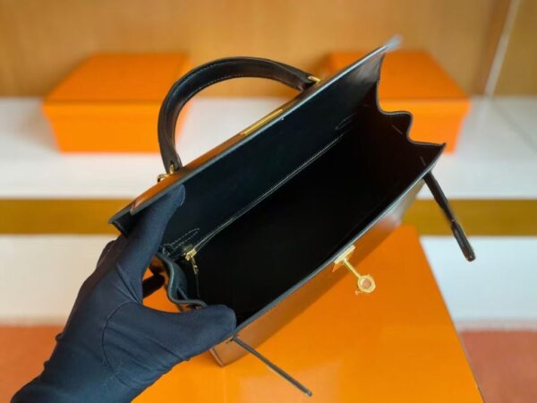 H Factory Bags Kelly Shiny Box Leather Black Gold Hardware 25cm Full Handmade